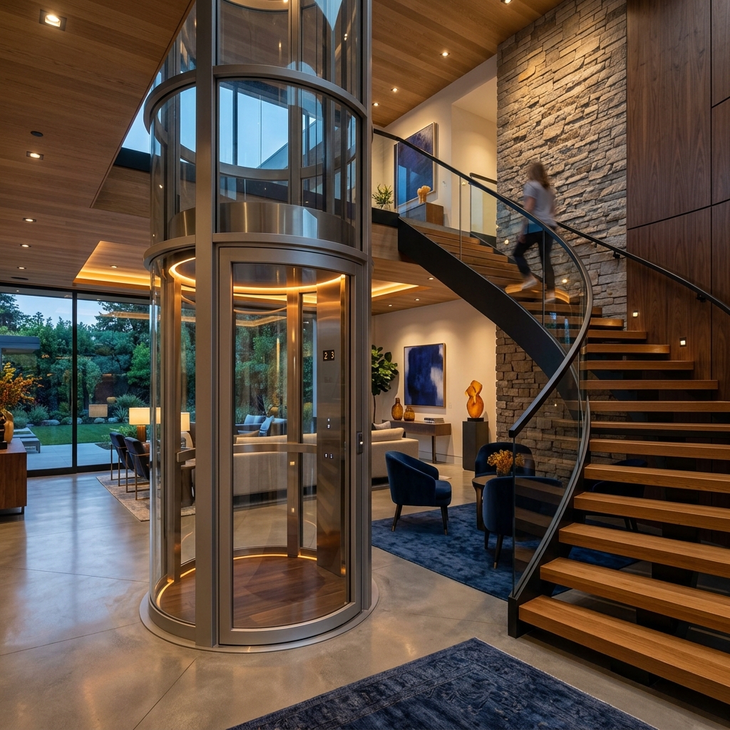 Luxueuze glazen homelift in een moderne Belgische woning met houten trap
