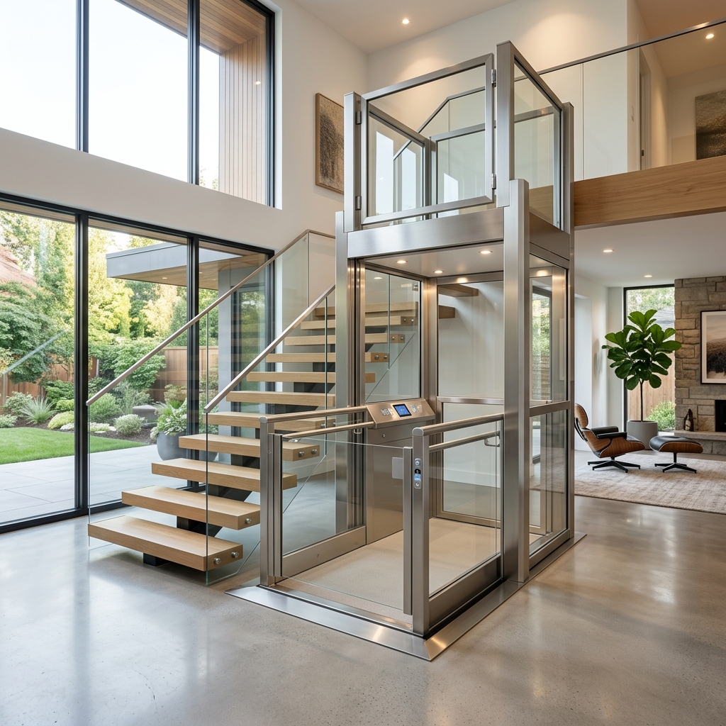 Moderne, open platformlift met glazen afscheiding in een strak residentieel interieur