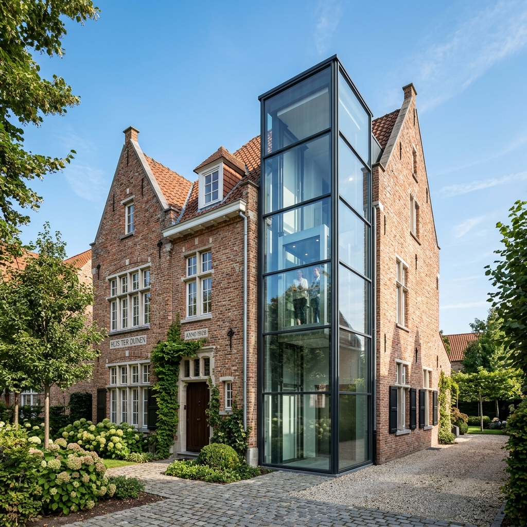 Elegante glazen buitenlift schacht gemonteerd tegen een klassieke bakstenen gevel