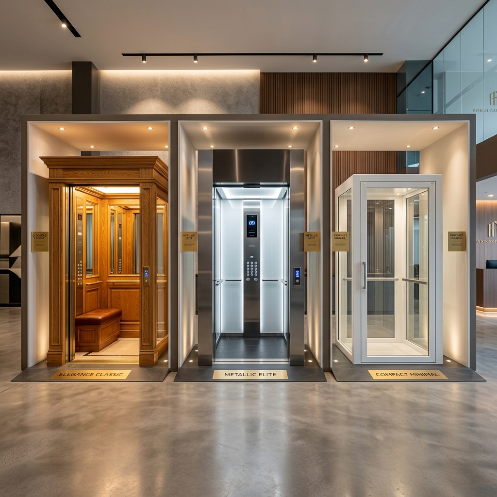 Een luxueuze liftshowroom met 3 totaal verschillende liftdesigns: klassiek hout, modern inox en compact wit minimalisme