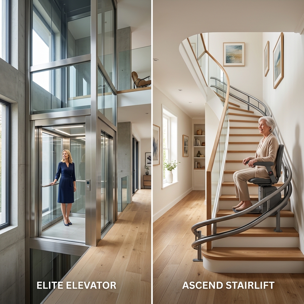 Zij-aan-zij vergelijking: luxueuze glazen huislift in een hal versus een moderne traplift met comfortabele stoel gemonteerd op een houten trap